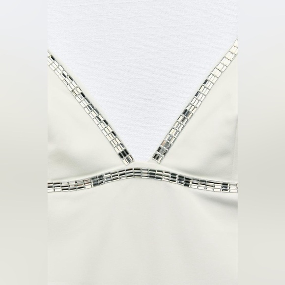 NWT. Zara White Rhinestone Midi Dress with V-neckline. Size S. - Picture 8 of 11